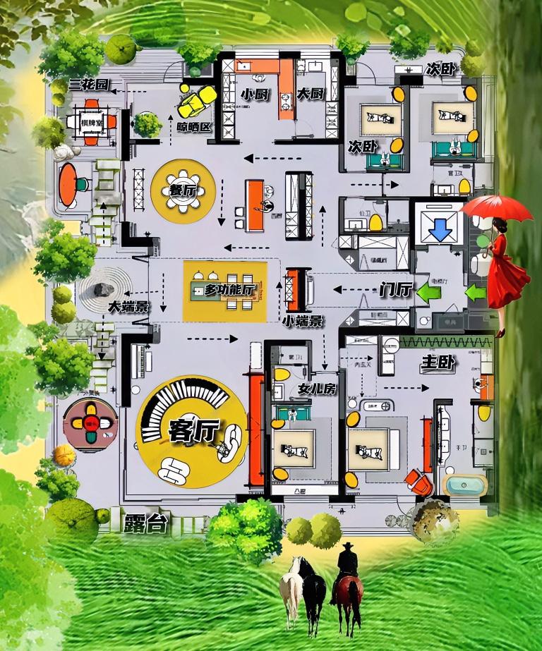 你看，客客气气的，大横厅，一点架子没有四居室，撒满阳光浪漫的露台，329㎡最有底