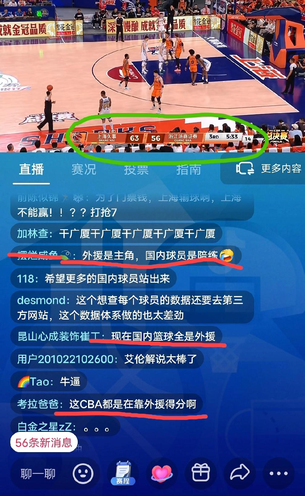 CBA总决赛第五场，目前比赛打到第三节中段，上海队已经建立了七八分的比分优势，老