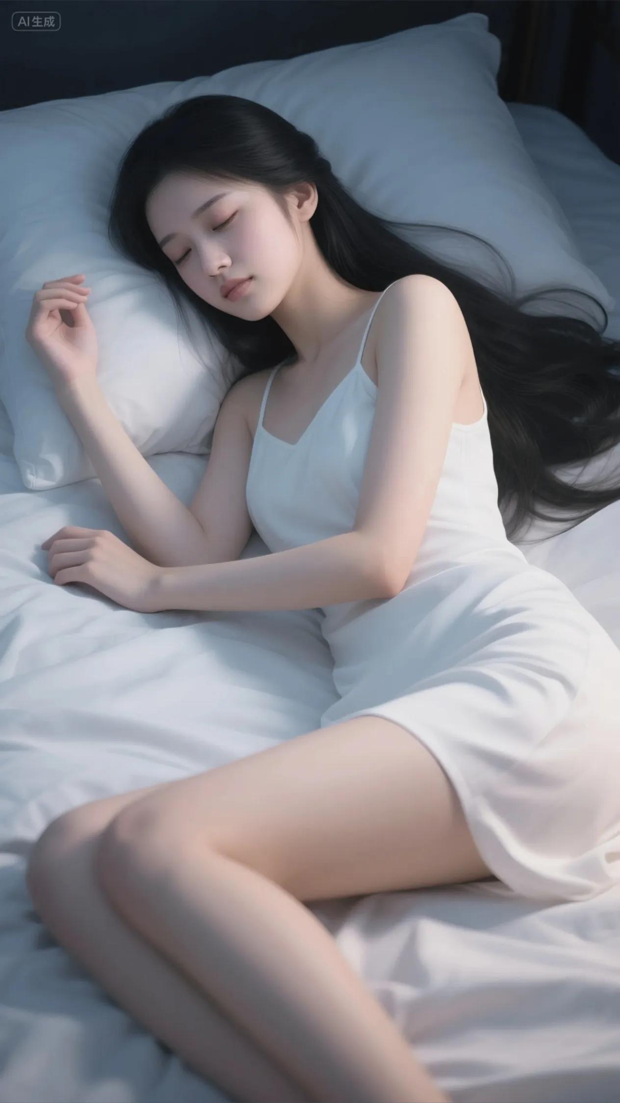 素帷轻拢夜如纱，一枕清梦落鬓华。长睫敛去尘世扰，白裙静卧月光家。呼吸匀作