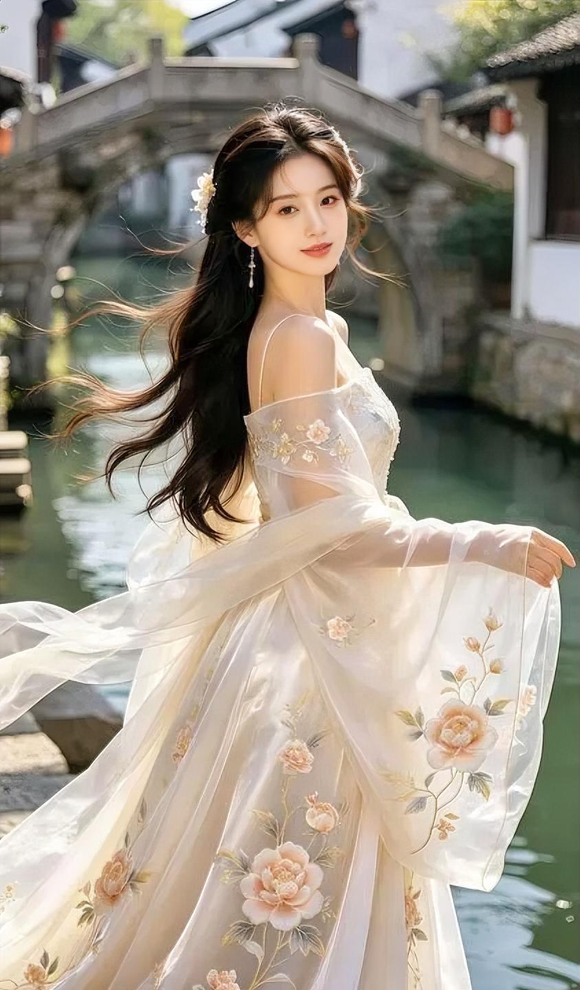 白纱沾着水光，花在袖上轻轻漾。桥影弯弯，风把长发梳成诗行。她一回