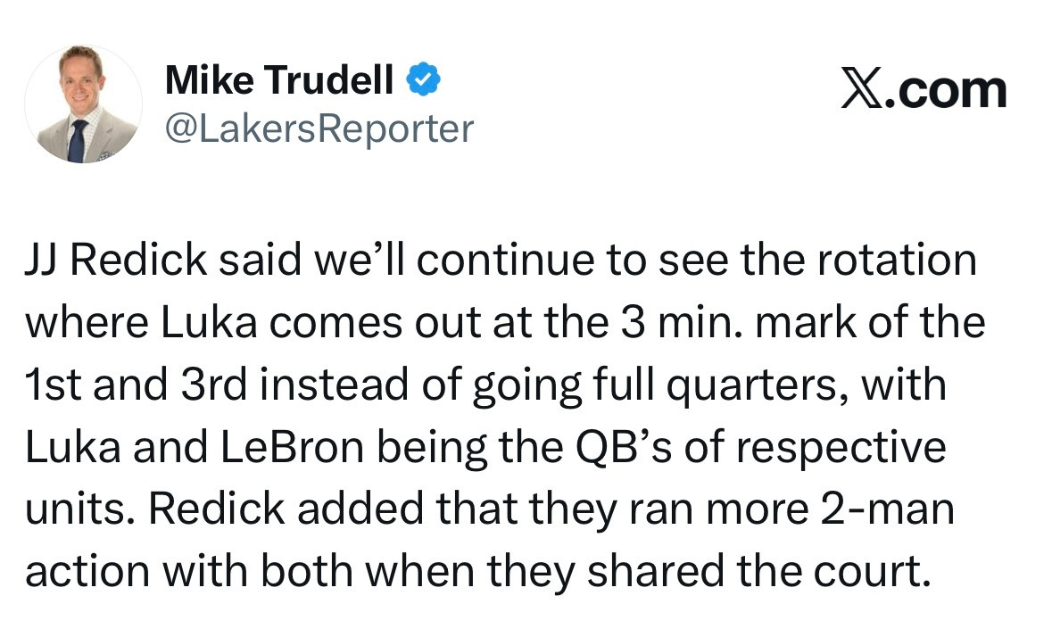 雷迪克表示，球队会沿用当前的轮换安排：东契奇将在首节和第三节还剩3分钟时下场休息