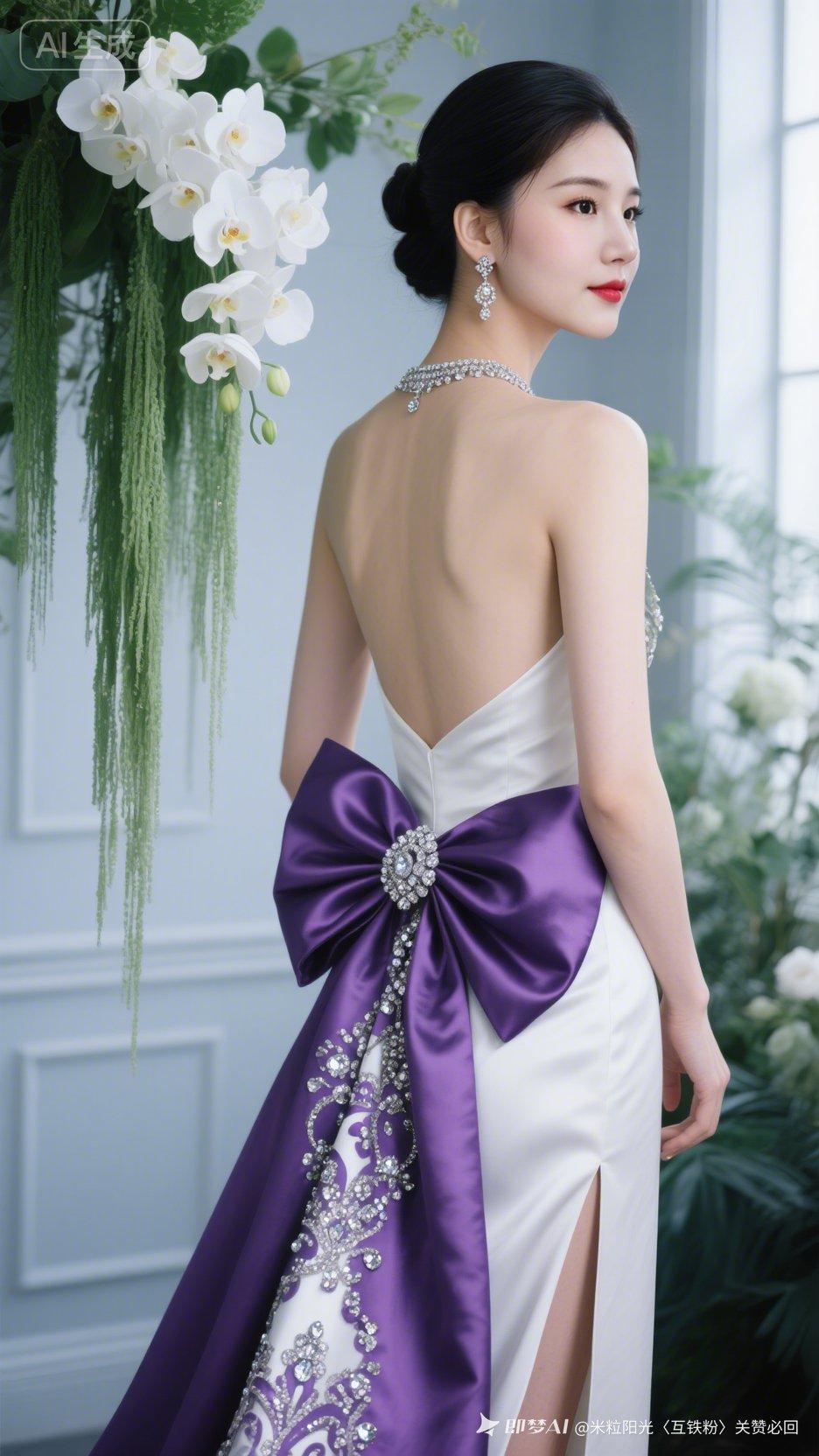 静院流苏繁花垂落绿植环绕，精致盘发红唇佳人，轻奢室内出镜。紫白撞色缎面露背高开叉