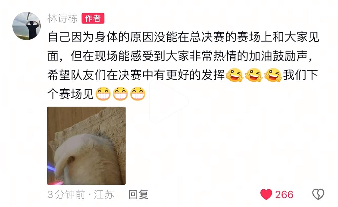 林诗栋发文回应缺席乒超总决赛：自己由于身体原因没有能在总决赛的赛场和大家见面，