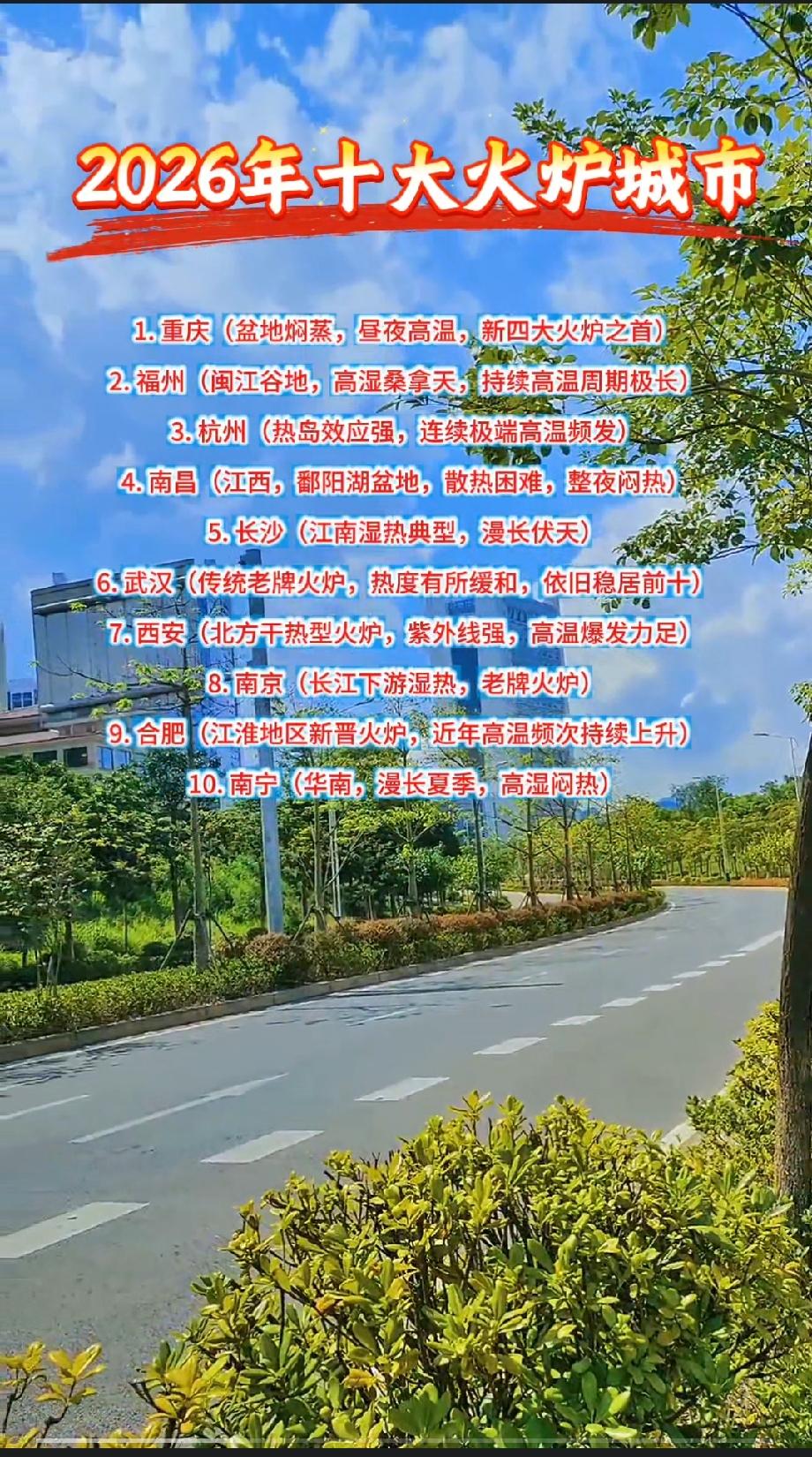 2026年十大火炉城市1. 重庆（盆地焖蒸，昼夜高温，新四大火炉之首）​