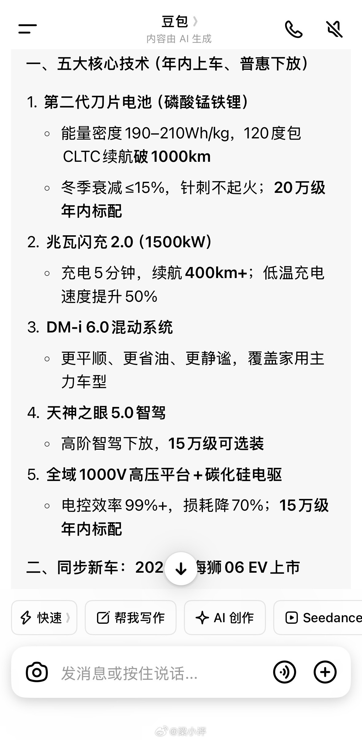 豆包说3月5日，比亚迪将发布5大重磅技术：1、第二代刀片电池2、兆瓦闪充2.03