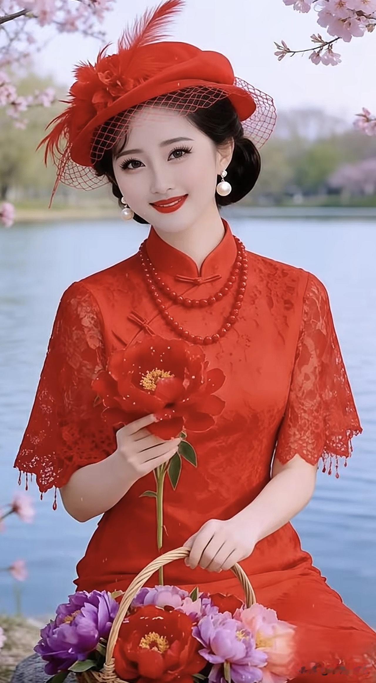 红衣美人倚湖畔，花影摇曳似画中。绿裙美人湖边美人景湖畔美人照湖边美人景湖