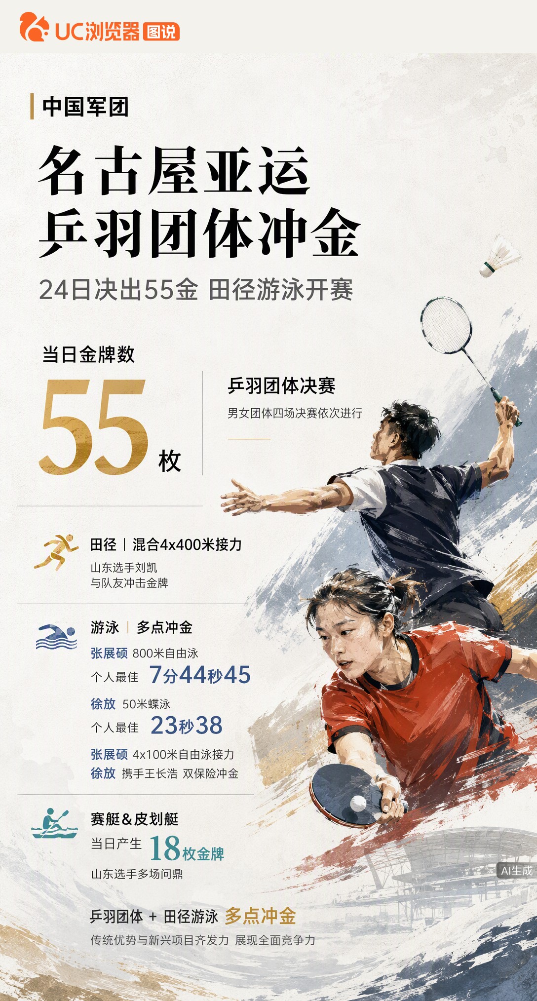 名古屋亚运24日决出55金！乒羽男女团体四场决赛依次上演，游泳田径同步开赛。张展硕、徐放等多点冲金，