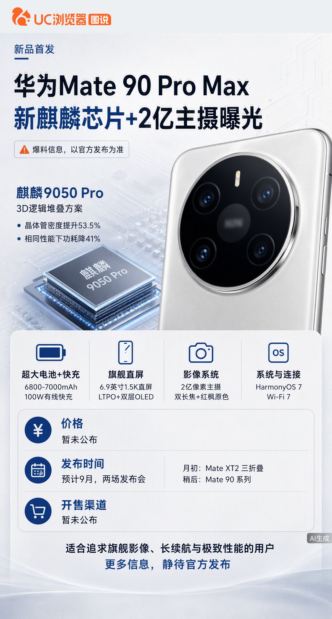Mate90ProMax曝新麒麟9050Pro走3D堆叠，密度或升53.5%！配2亿主摄+7000m