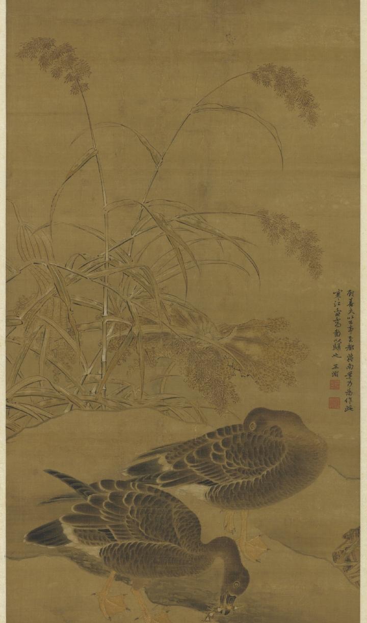 王渊《寒江芦雁》轴是水墨凝的冬日诗❄️你看王渊笔下的寒江双雁站在水滨