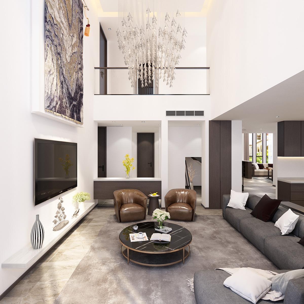 别墅客厅有特点，直接和二层挑高打通。这就是很多人都想要的设计，在自己家的二楼