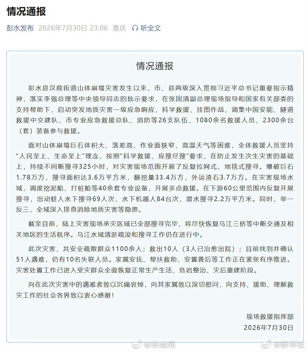 #彭水陆上灾害现场承灾区域搜寻完毕##彭水山体崩塌转入灾后重建阶段#【#彭水山体