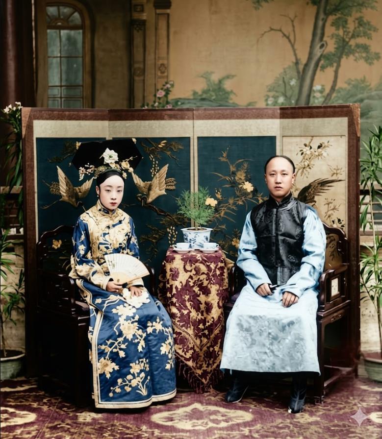 这张旧照里，清王府内，坐着末代皇帝溥仪的亲生父母：醇亲王载沣与福晋瓜尔佳·幼兰。