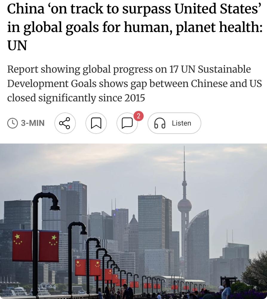 外媒：联合国报告，中国可持续发展指数排名大幅跃升，有望超越美国据联合国可持续