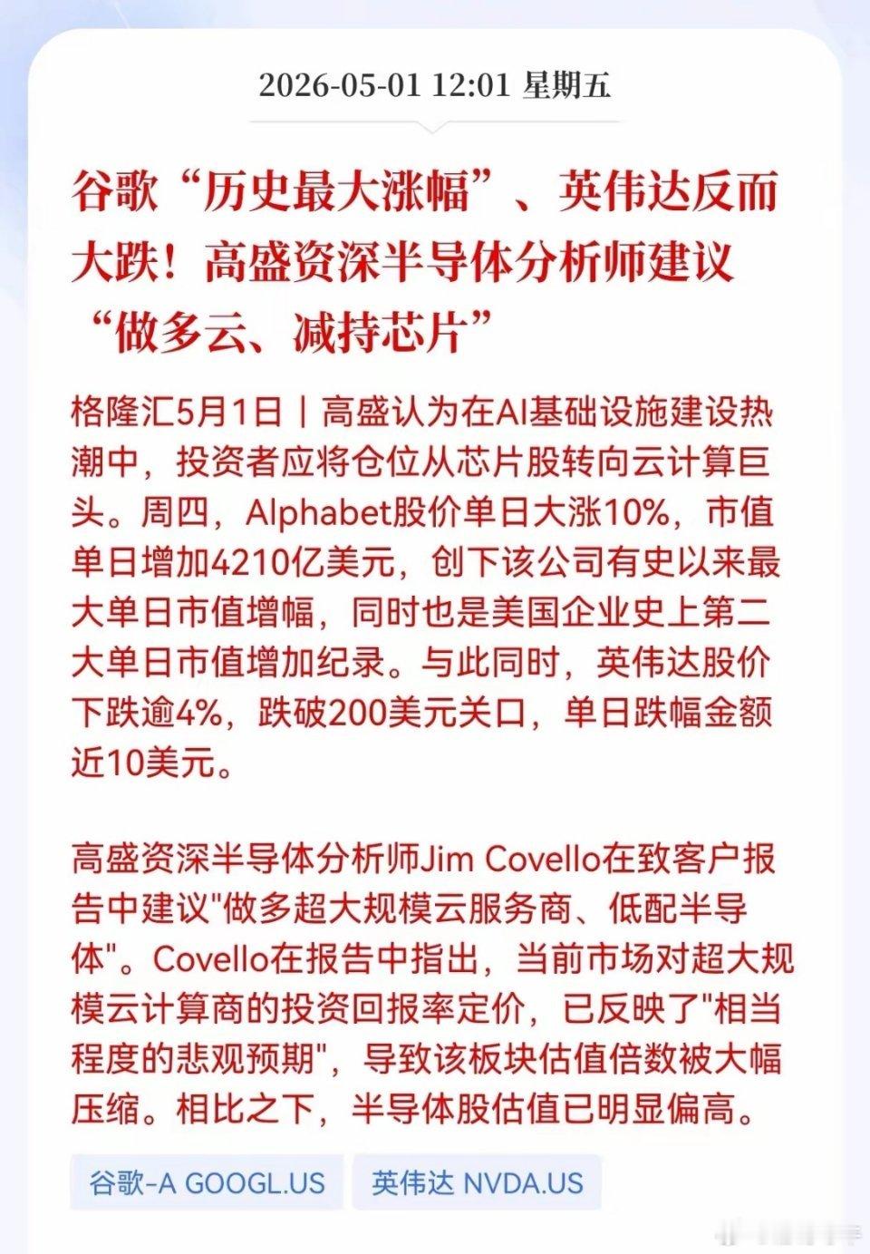重大利好消息！云算力方向传来机构做多重磅信号，高盛资深半导体分析师建议"做多云、
