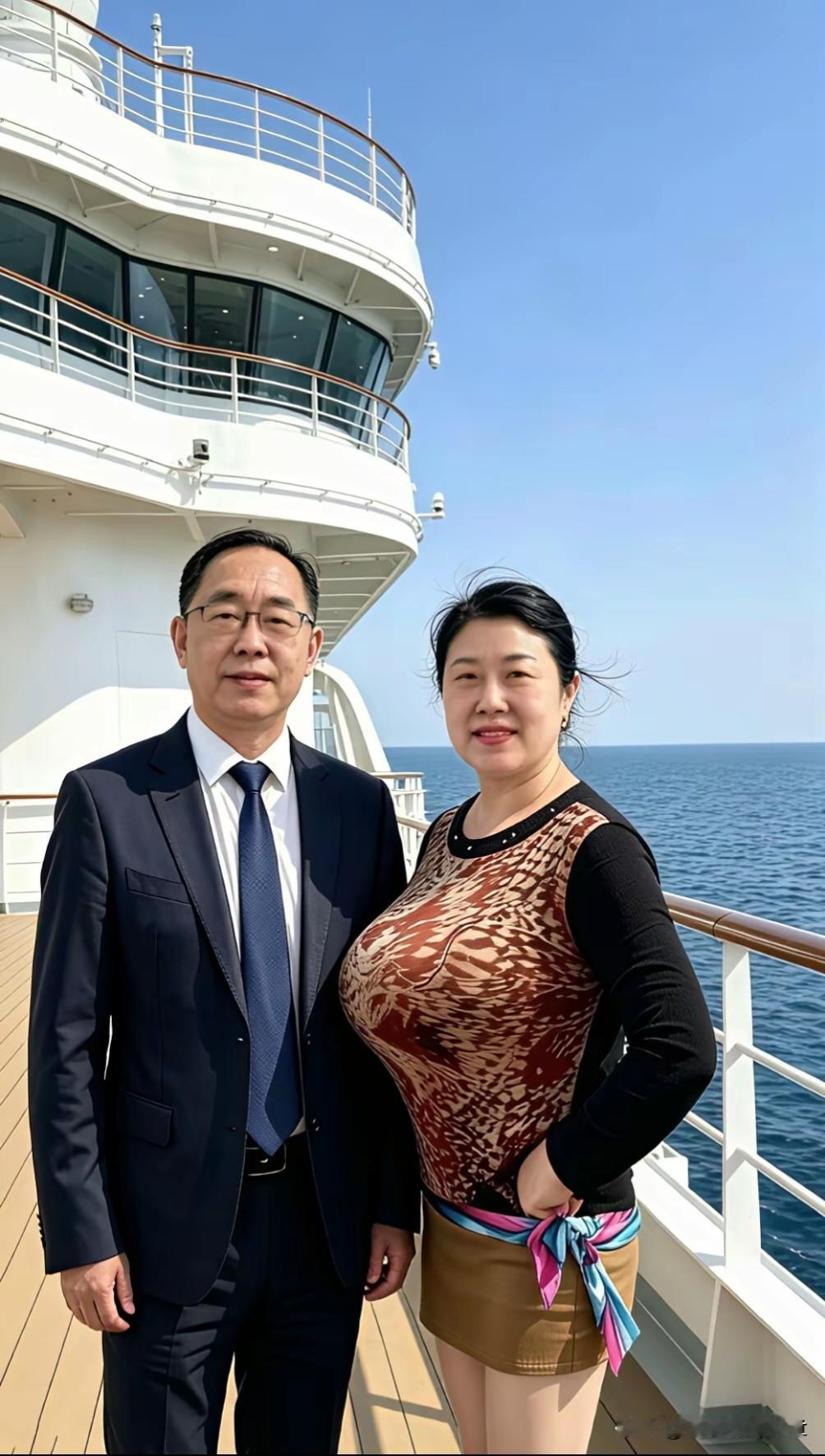 游轮偕游碧海晴空映画船，并肩凭槛对沧渊。半生相守同看浪，静享人间岁月甜。