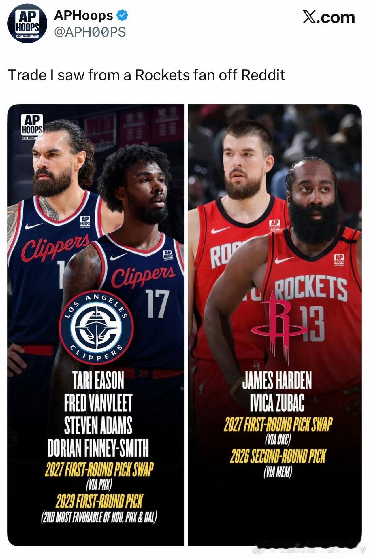 船媒晒交易方案：哈登祖巴茨加盟火箭，伊森范乔丹等登船！今天，快船媒体又开始设