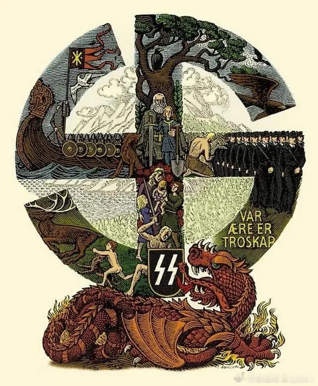 纳粹占领挪威后发布的宣传海报，鼓动挪威人加入党卫军维京师。图中可见维京龙船。