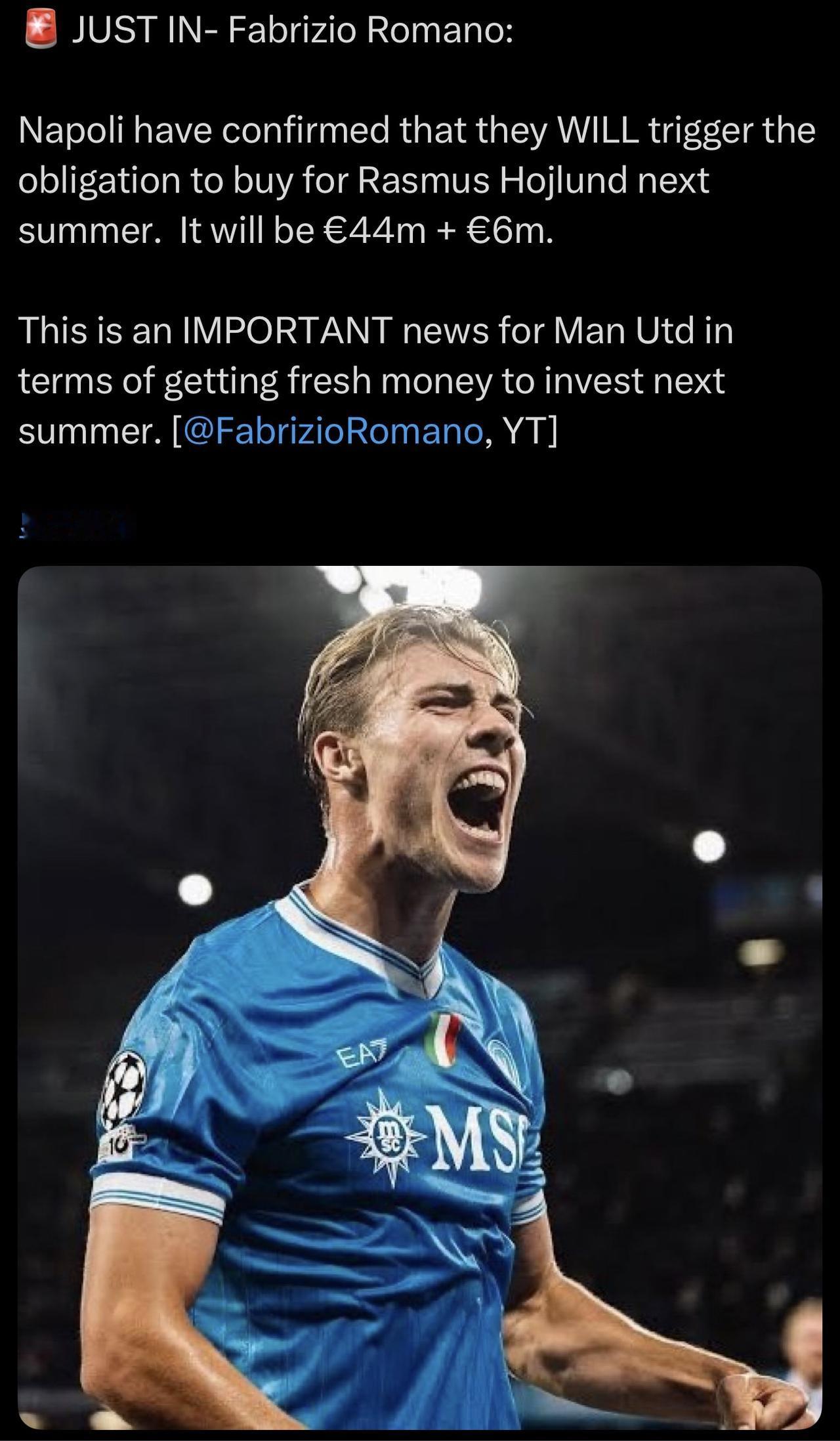 冬窗开启，曼联第一个即好又坏的消息：🔴那不勒斯已经确认，他们将在明年夏天激活