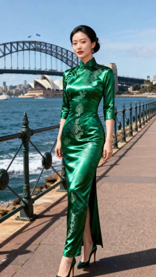 身穿绿色锦缎长旗袍的美妇人国外留影。旗袍旗袍风景