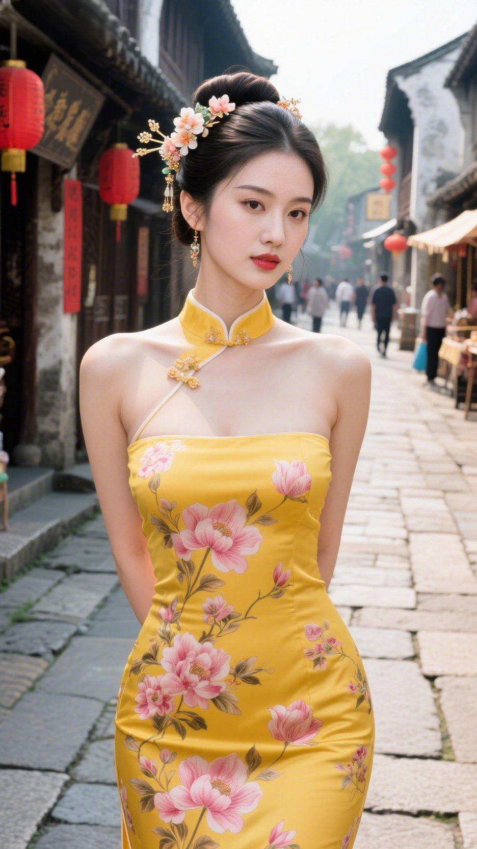 黄衫凝香入古巷古巷的青石板上落着细碎阳光，红灯笼在檐下轻晃，一身明黄旗袍缀