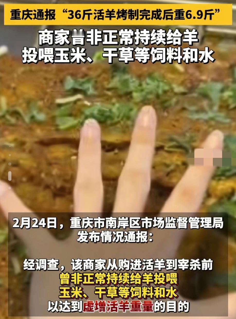 重庆“36斤活羊烤制完成后仅重6.9斤”的情况通报出来了:商家曾非正常持续给羊投