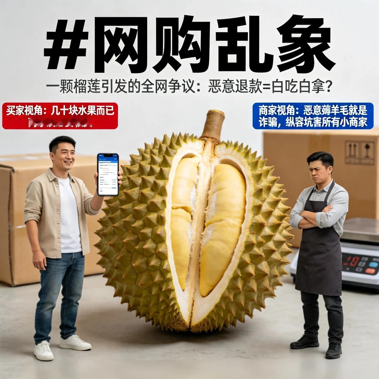 谁也没想到，一颗榴莲，竟让全网吵翻了天①买家买榴莲，故意恶意仅退款不退货，