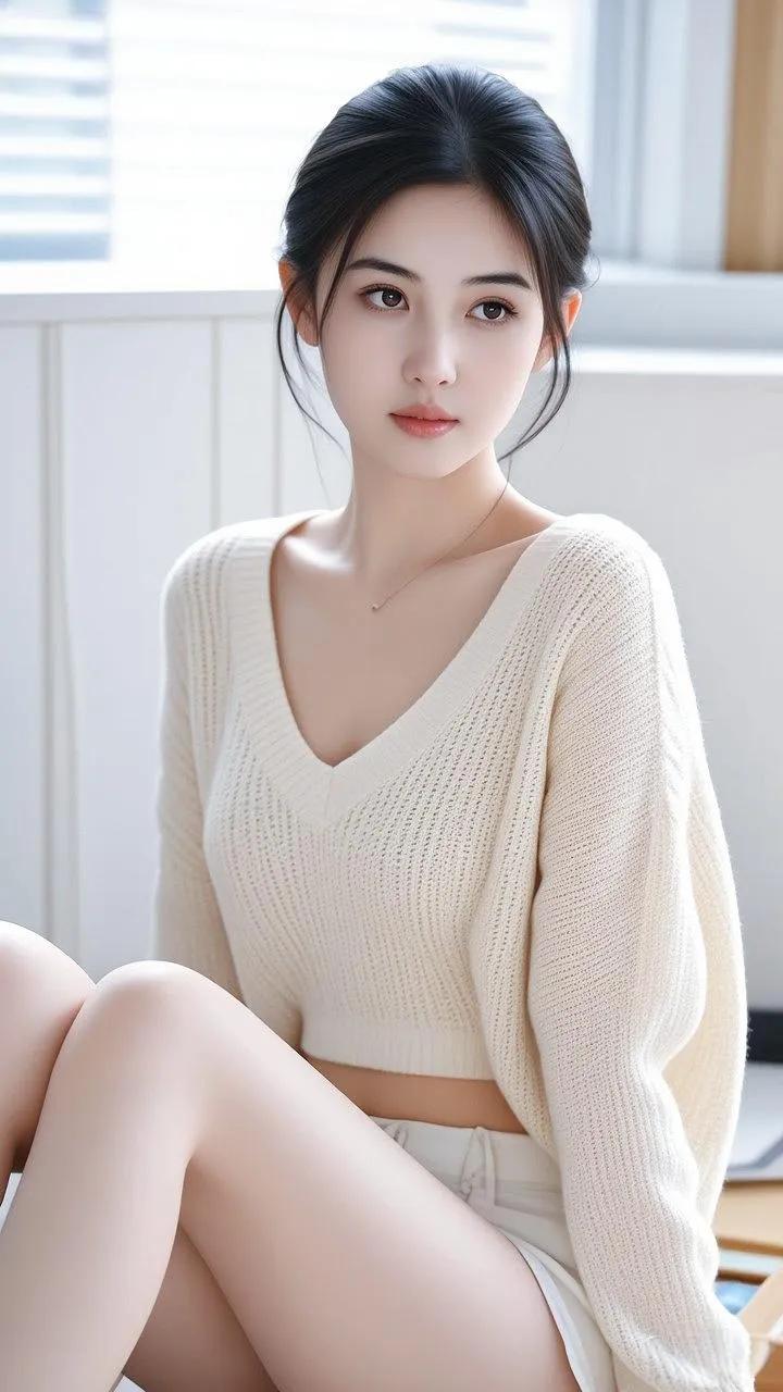 温柔甜美的少女，白色毛衣搭配浅灰色短裤，坐在窗边，阳光洒进房间，氛围宁静而美好。