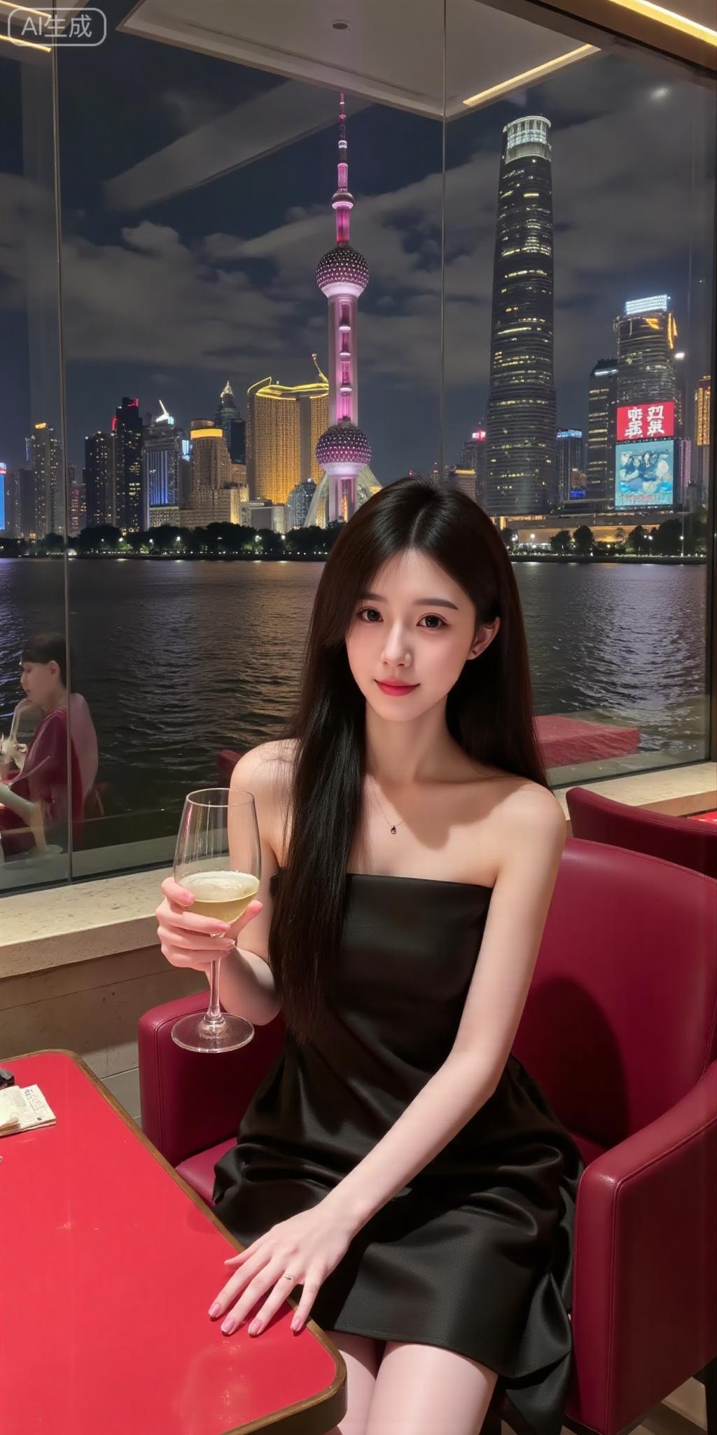 外滩窗边的氛围感美人黑缎抹胸裙衬得贵气又清冷，细链颈饰添了点精致~手持香槟