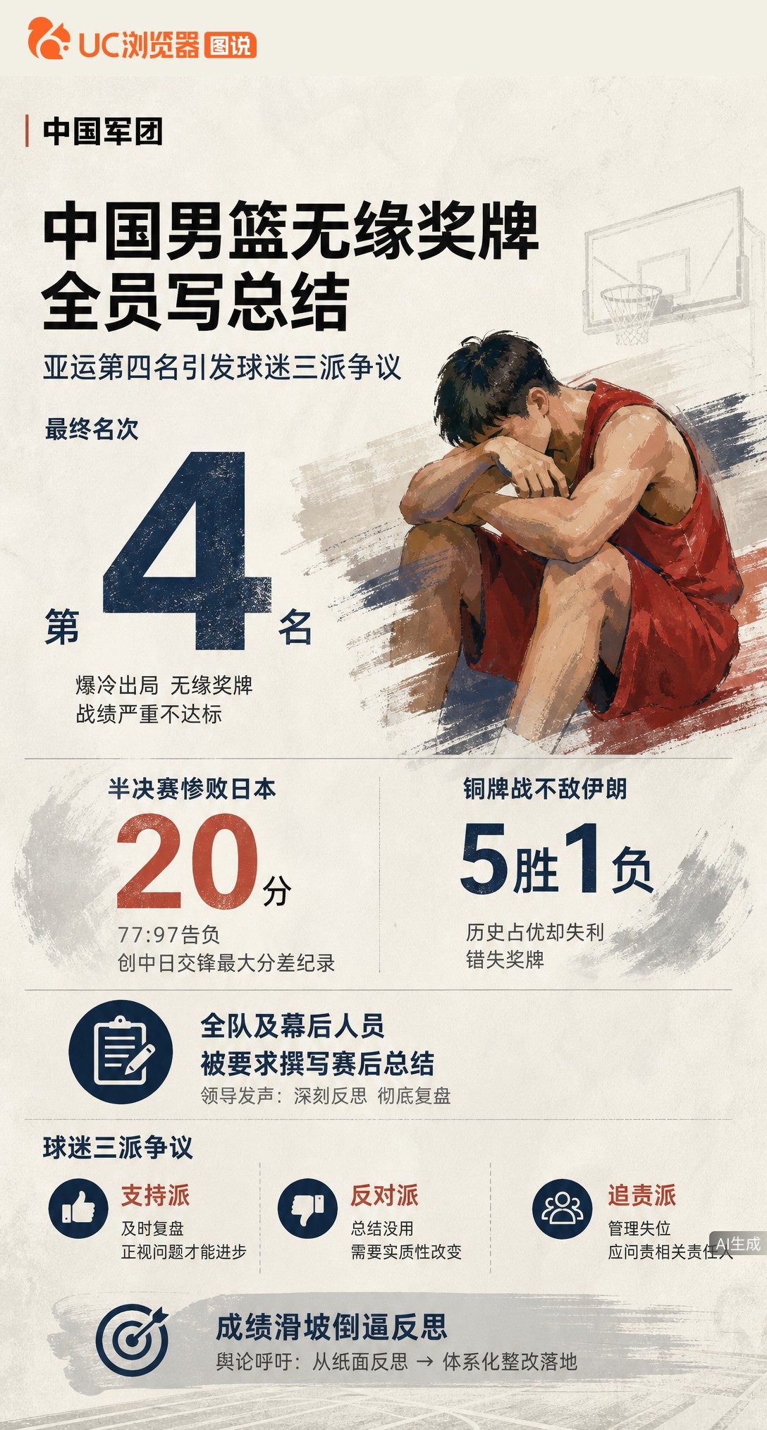 亚运第四名！中国男篮半决赛输日本20分创纪录，铜牌战又负伊朗。赛后全员被要求写总结，球迷吵成三派：支