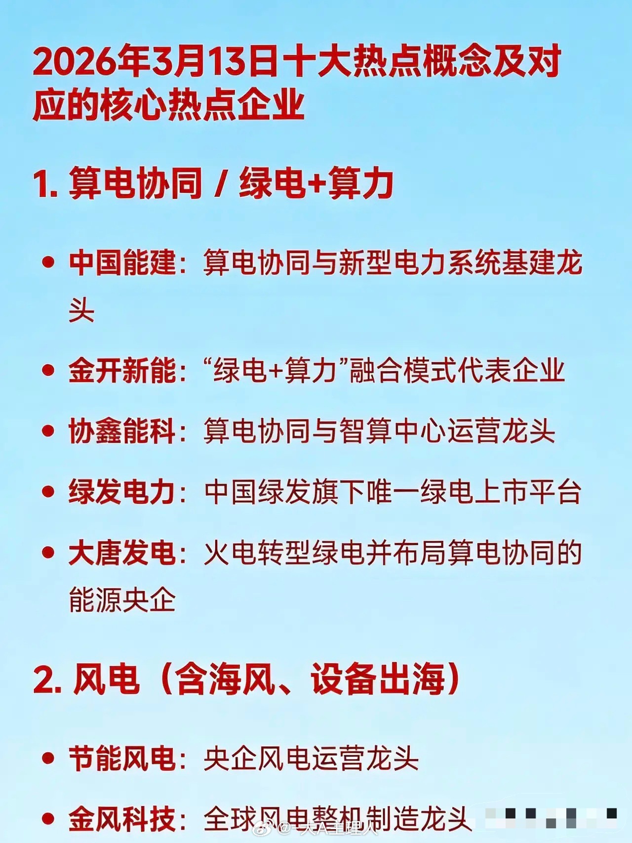 2026年3月13日十大热点概念及对应的核心热点企业1.算电协同/绿电+算