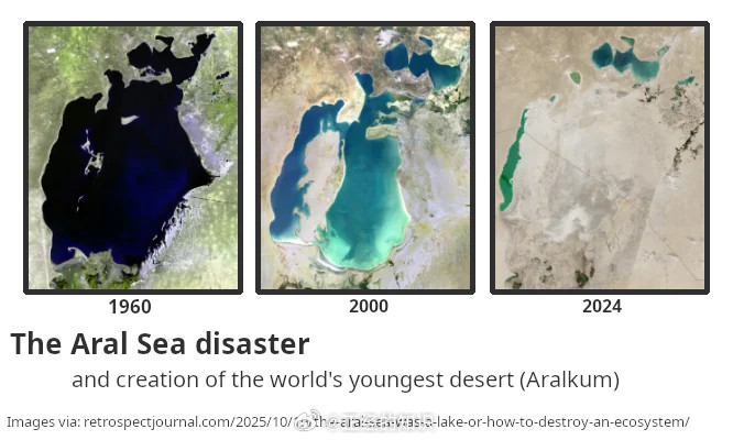 咸海以前是世界第四大内海，面积68,000平方公里，如今是世界上最年轻的沙漠