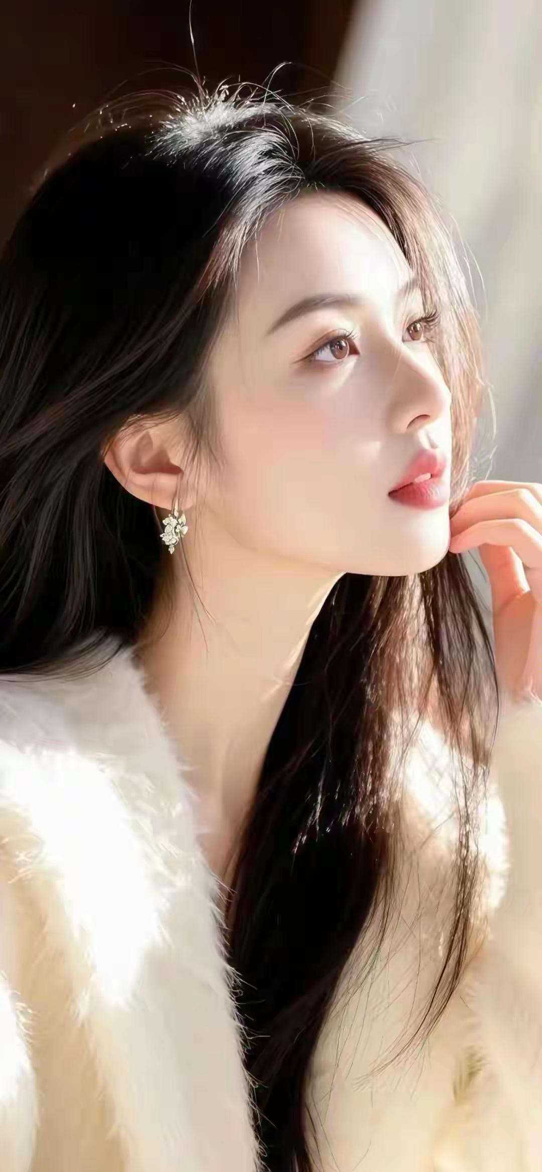 长发美女侧脸，看着窗外发呆。什么样的美女才是最美的