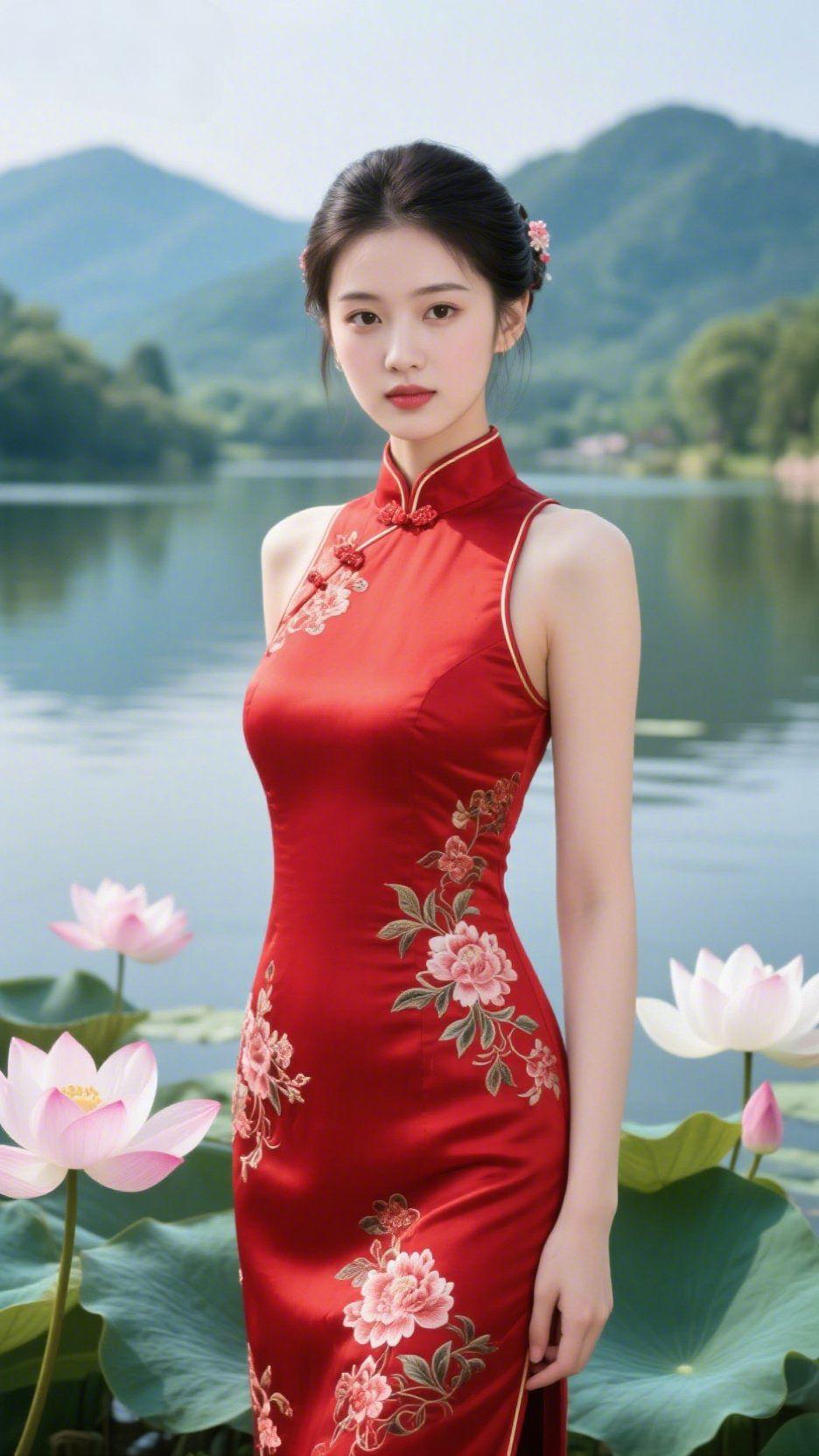 《荷边红衣柔》湖风裹着荷香漫过岸，远山在水雾里淡成轻浅的轮廓。她立在荷丛旁