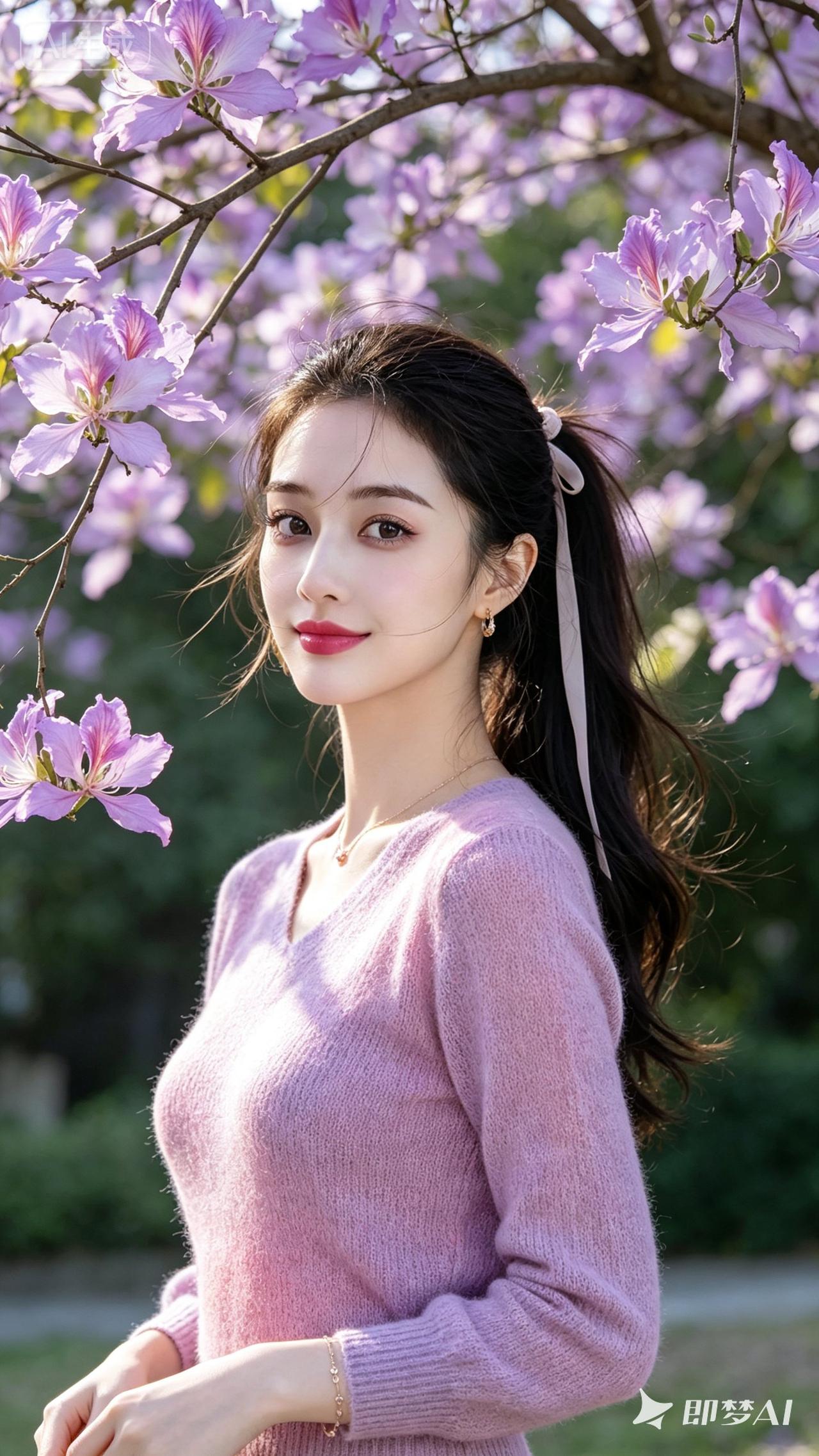 樱花树下，少女轻笑，春日暖阳洒满心间。