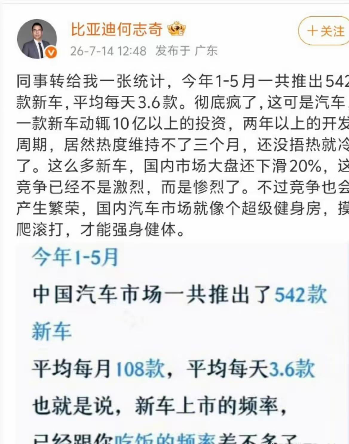按比亚迪执行副总裁何志奇的说法，现在我们国内汽车市场平均每天有3.6款新车型问世