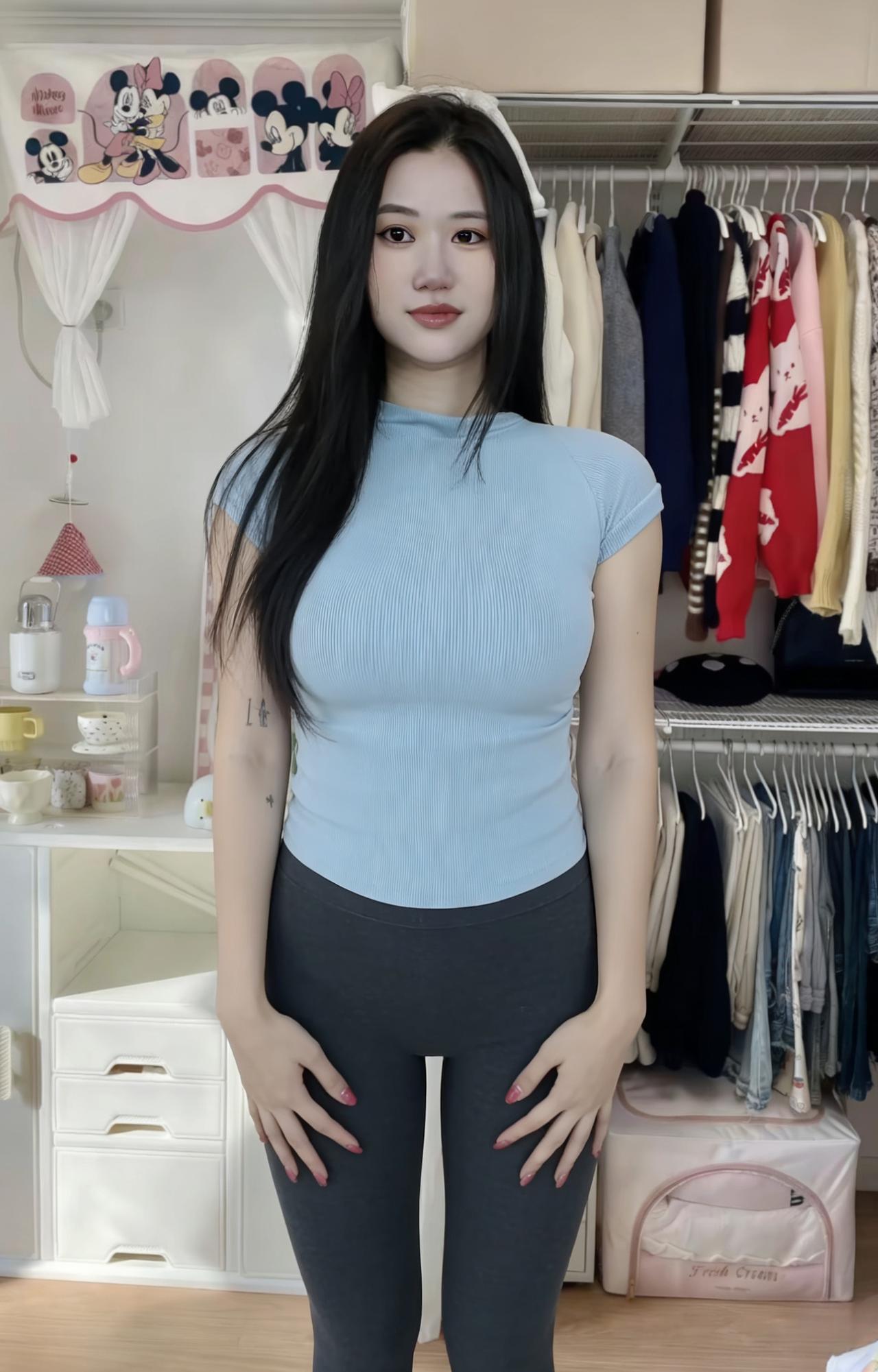 她从晨光里走来，像一汪浅蓝的湖水，漫过我眼底的褶皱。黑色长发是未剪的诗行，