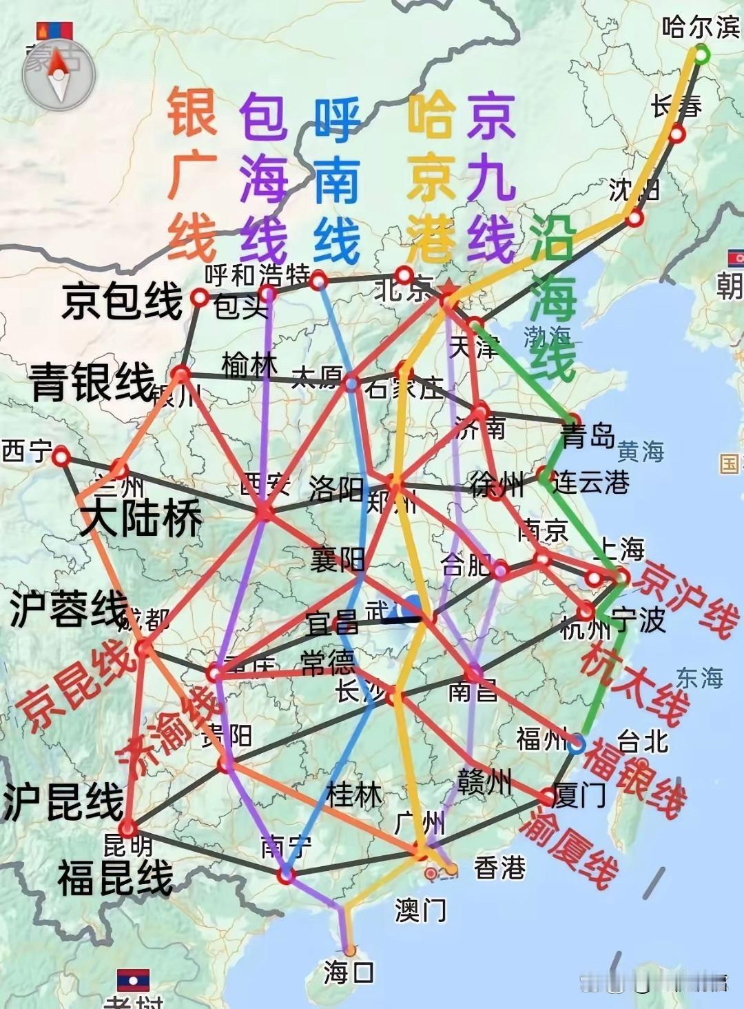 我国高铁八纵八横通道名称：八纵：沿海通道，京沪通道，京港（台）通道，京哈一京港澳