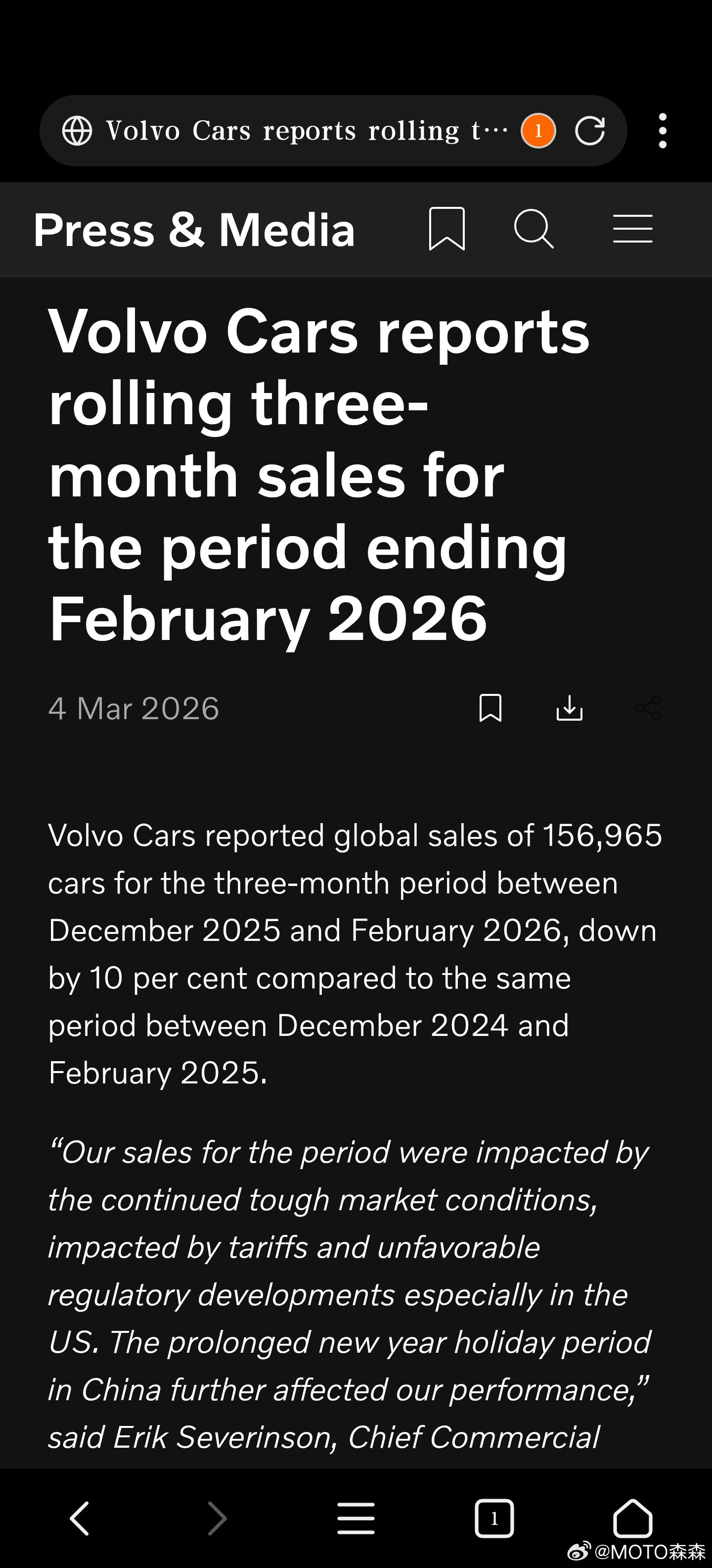 还是来自沃尔沃的消息：25年12月至26年2月的三个月滚动销量15.7万，和去年