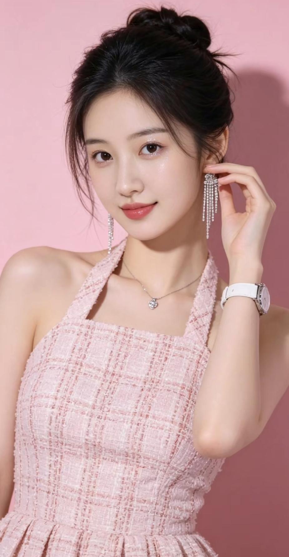温柔甜美的粉色连衣裙，搭配精致耳环，元气满满的一天！🌸💕