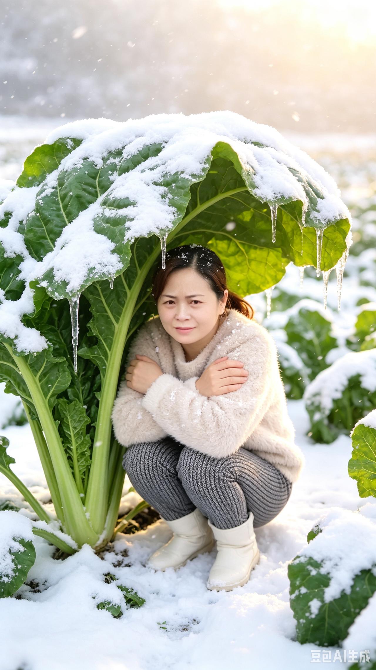 雪间菠叶隐佳人琼田翠叶覆霜纱，巨株展处若伞斜。冰棱垂坠凝清露，厚雪轻铺碧叶芽