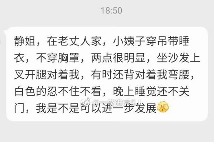 “静姐，在老丈人家，小姨子穿吊带睡衣，不穿胸罩，两点很明显，坐沙发上叉开腿对着