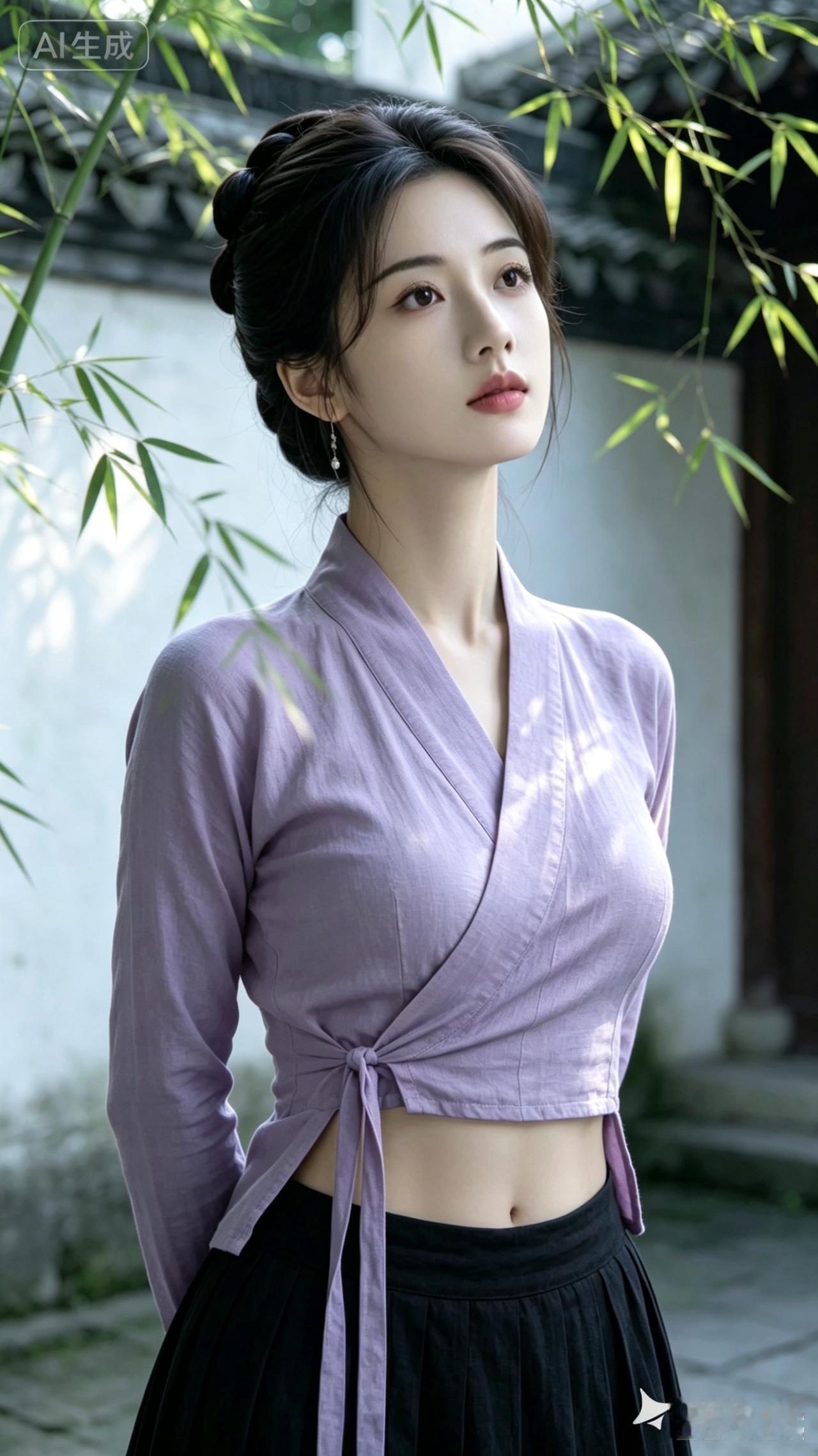 这位美女穿着古装，站在竹林旁。