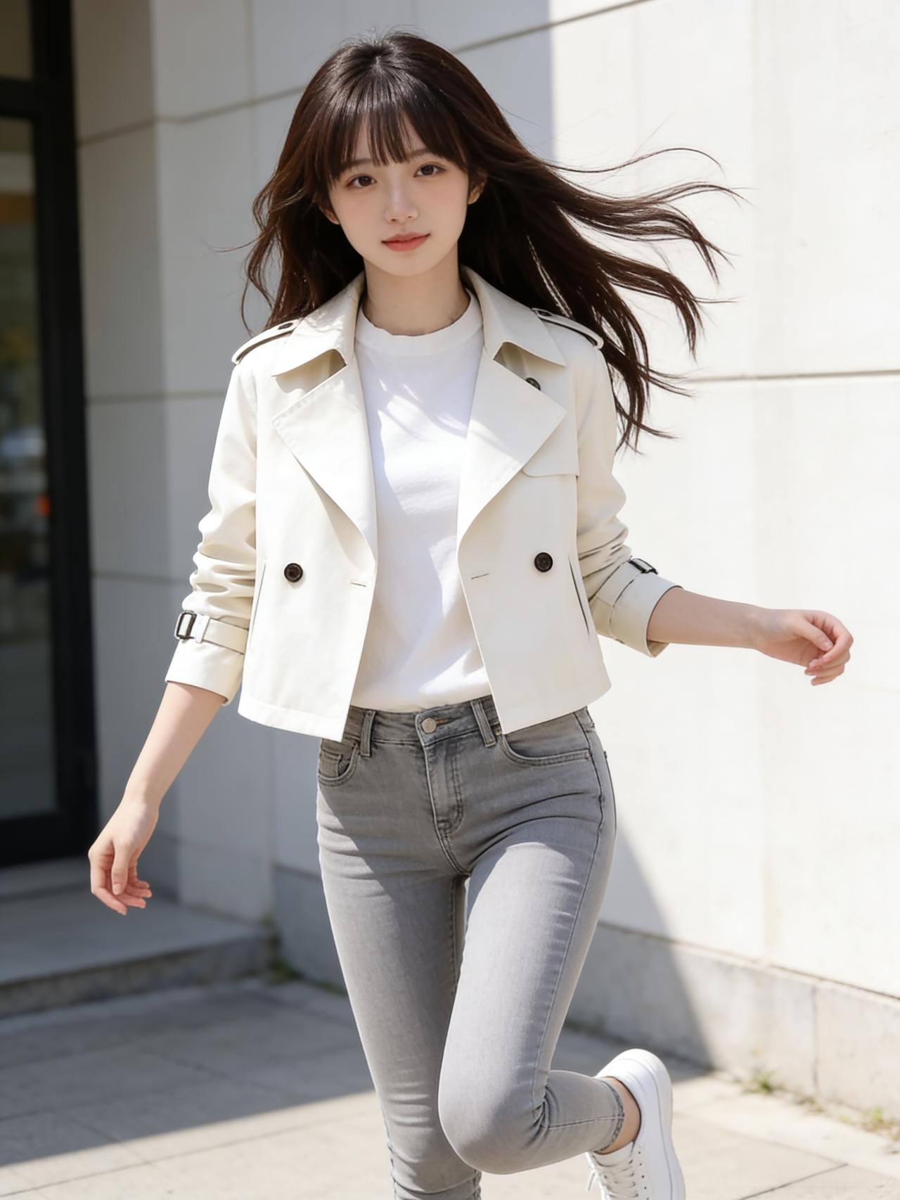 米色春季上衣套装加浅灰色紧身牛仔裤。春风轻拂，她漫步在街角，米色上衣套装如暖阳般