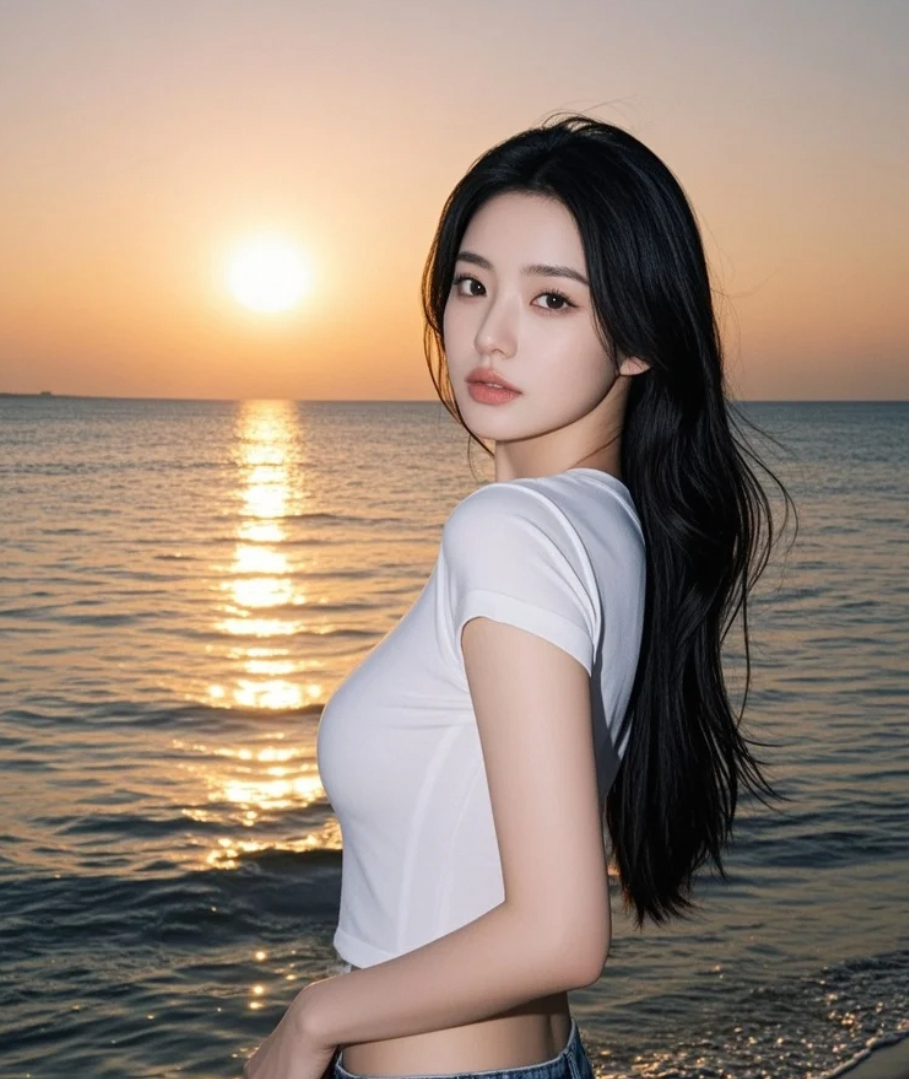 傍晚时分，海边的温柔女子