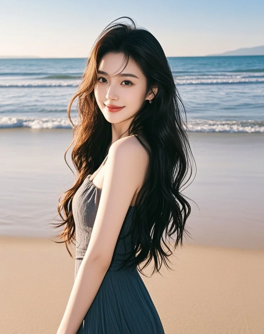 沙滩上的她长发飘舞，笑容温柔，画面充满浪漫情