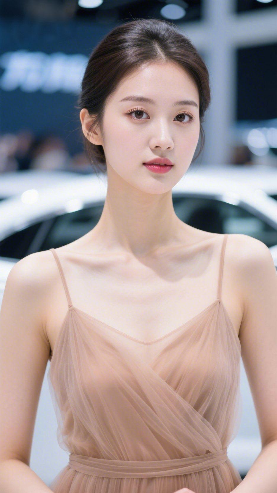 纱裙浅韵映清颜展馆的光影交织着金属的冷调，一袭浅咖色纱裙却如流云般轻柔，为