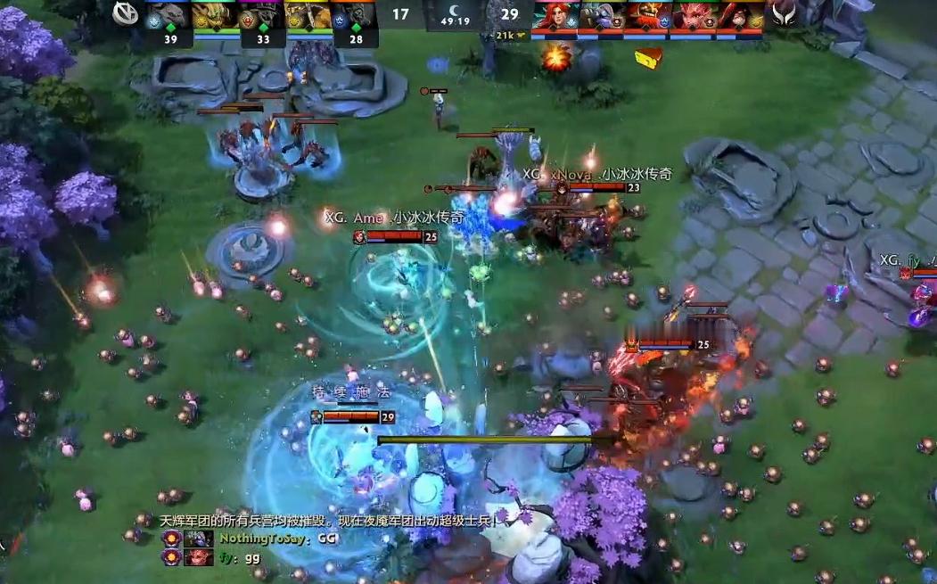 XG第一局凭借无解肥TK和灵活的WR战胜VG，这把XG有意让给了TK非常多的资源