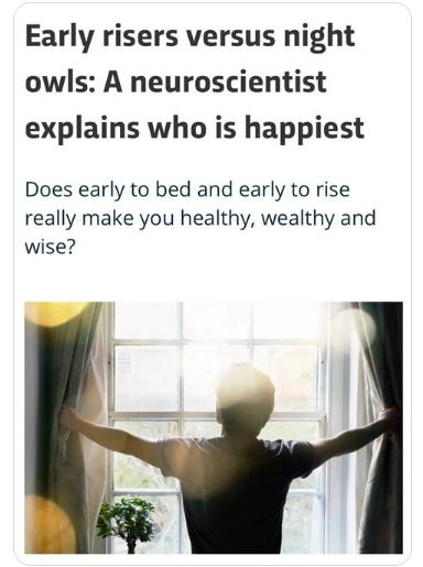 【科学家说“早起者”通常比夜猫子更快乐。早起的人不太可能患上抑郁症，更好地应对
