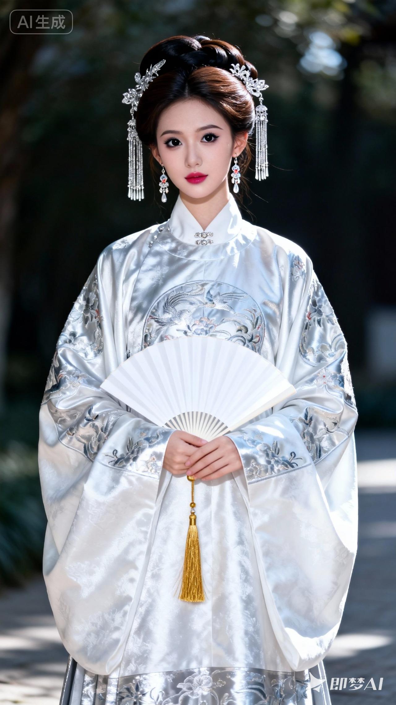 古风美人，银装华服，手持团扇，韵味十足。