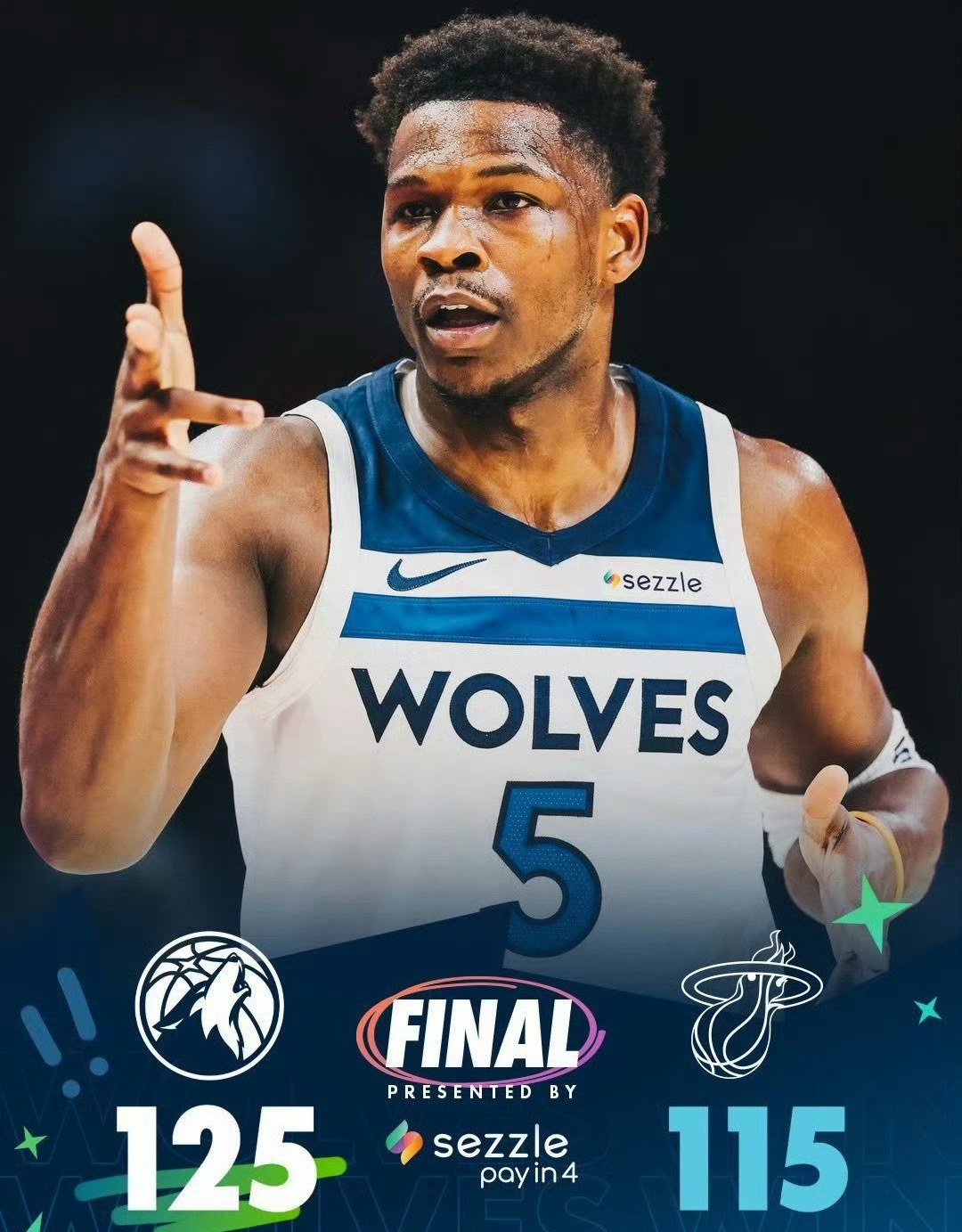 森林狼客场125-115战胜热火队，爱德华兹出场38分钟，19投10中，三分球8